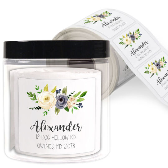 Gray and Ivory Roses Square Address Labels in a Jar